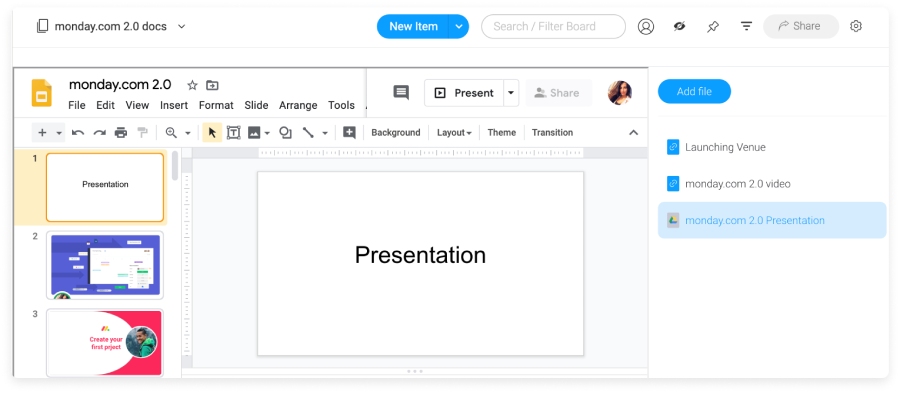 monday.com interface showing a Google Slide document titled 