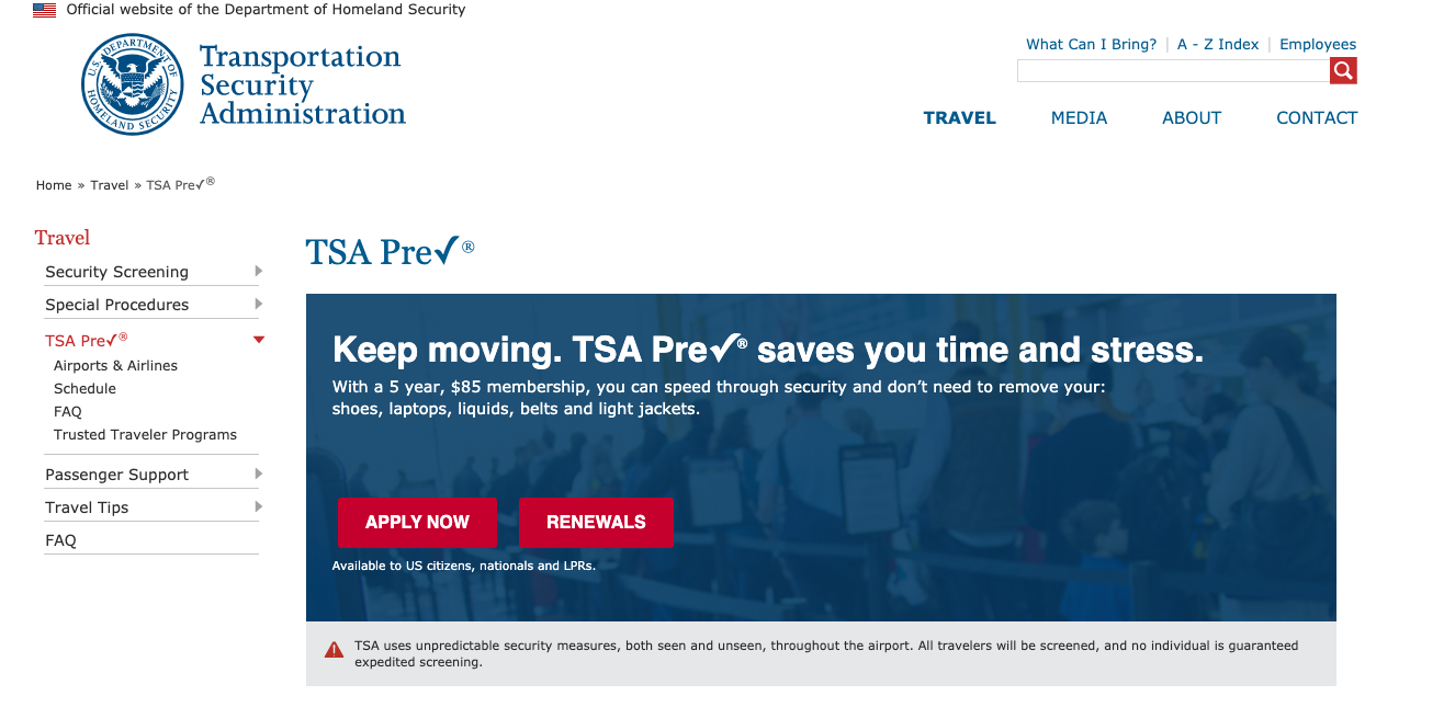 Home page of TSA PreCheck website