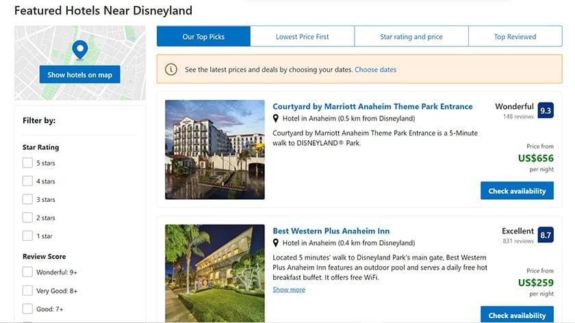 Booking.com vacation rental property listings near Disneyland.