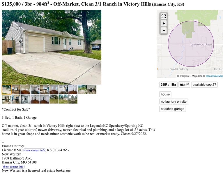 “craiglist Off-market real estate listing sample.