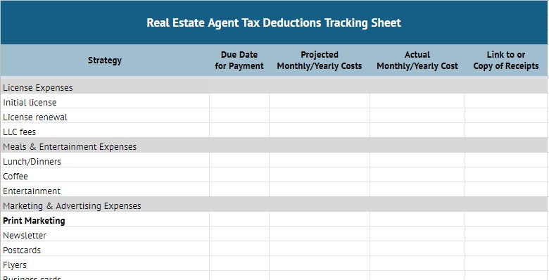 Real estate tax deductions tracking sheet.