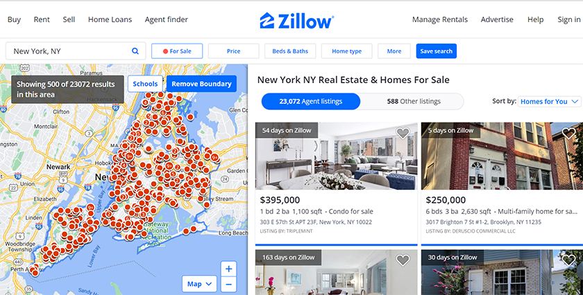 Zillow Agent listings in New York.