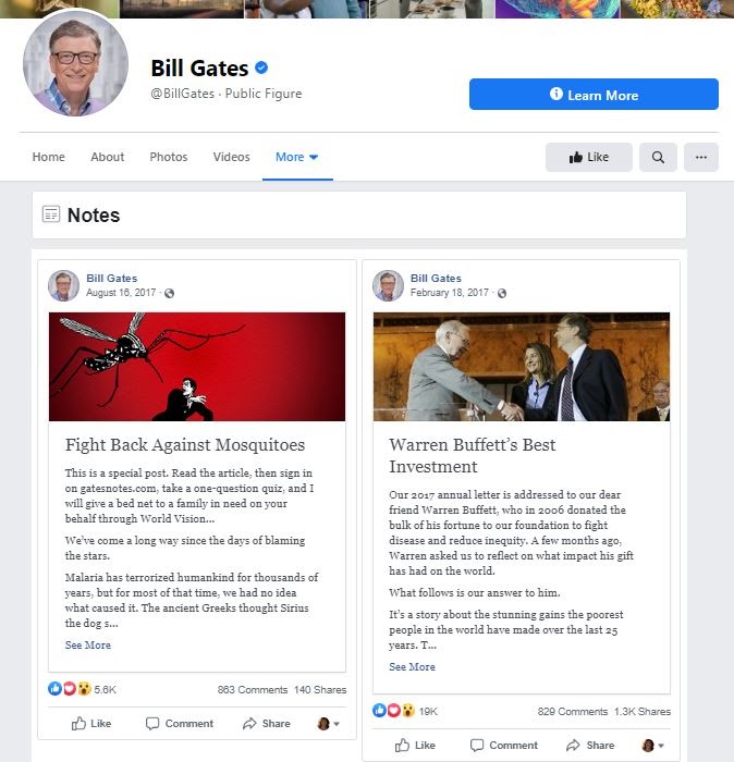Example of two blog posts on Facebook from Bill Gates