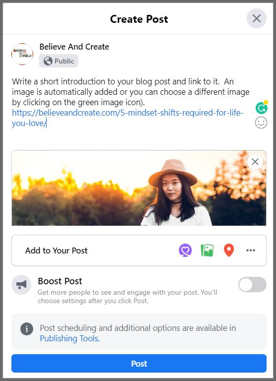 Sample Facebook post with blog content and link