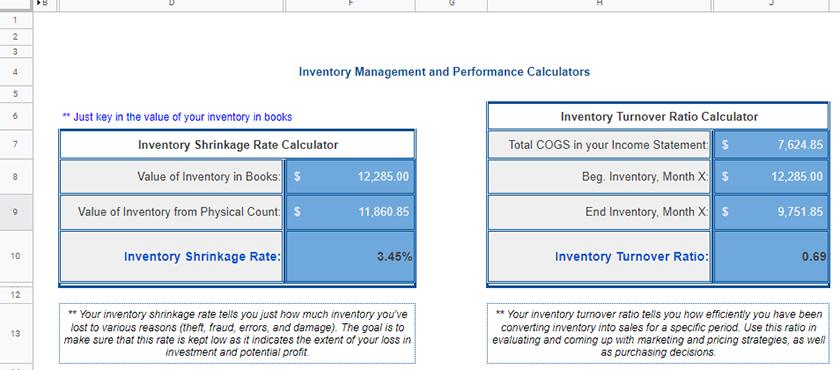 Screenshot inventory performance calculator