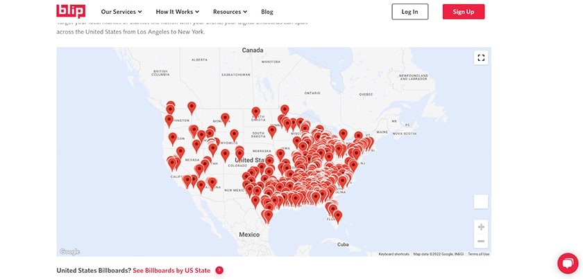 Blip Billboards map locations in the US.