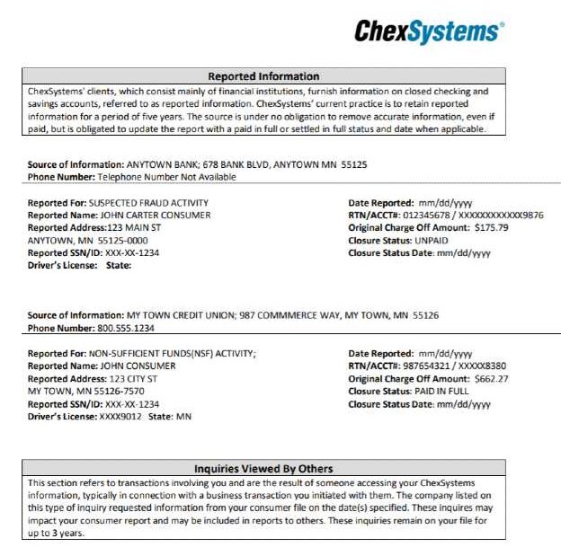 ChexSystems Reported Information example