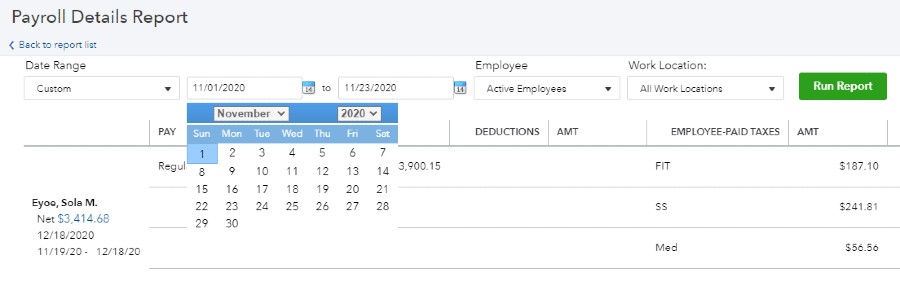 Showing payroll details report date range on QuickBooks.
