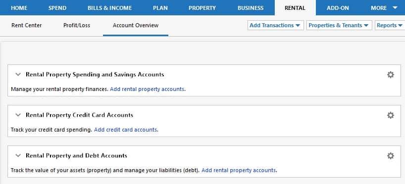 Quicken Rental tab for account overview.
