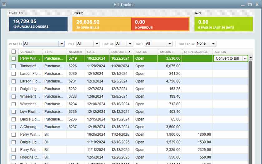 QuickBooks Desktop Premier Bill Tracker