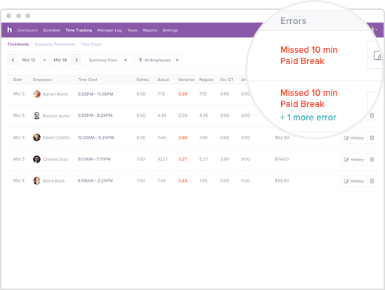 Homebase time tracking dashboard that shows the totals hours and overtime.