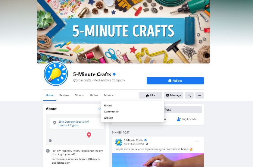 显示the 5-Minute Crafts Facebook page.