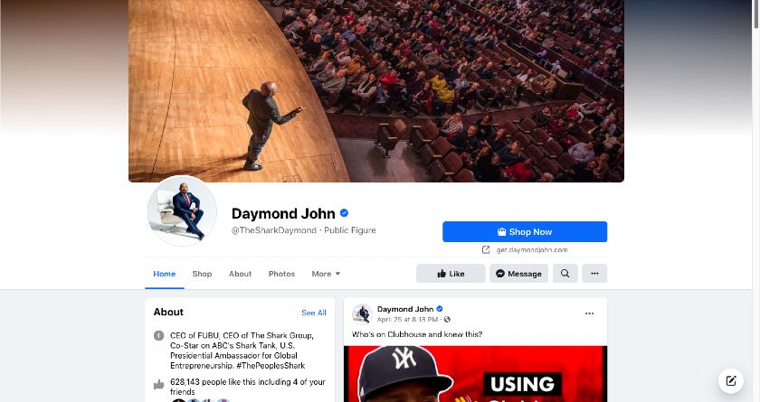 显示the Daymond John Facebook page.
