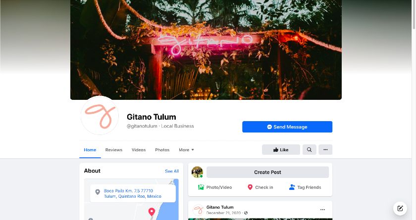 显示the Gitano Tulum Facebook page.