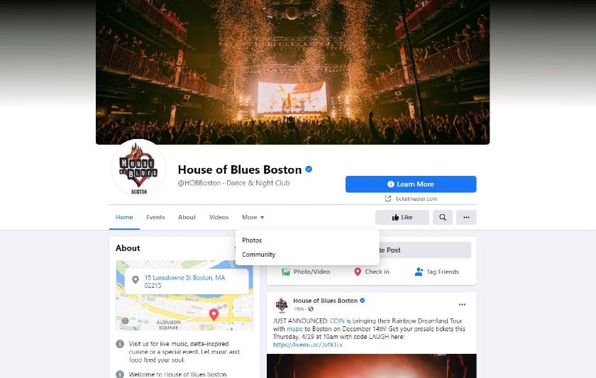 显示the House of Blues Boston Facebook page.