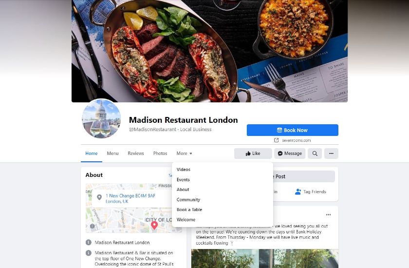 显示the Madison Restaurant London Facebook page.