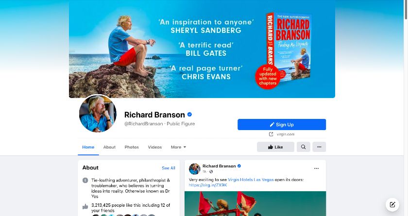 显示the Richard Branson Facebook page.