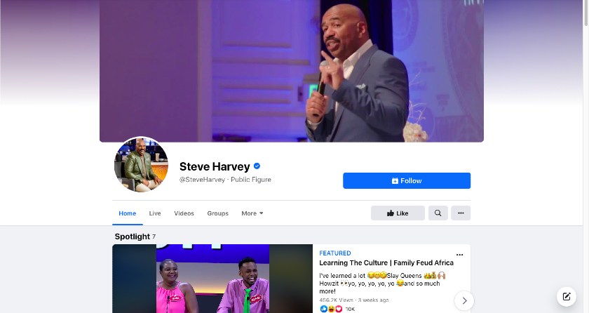 显示the Steve Harvey Facebook page.