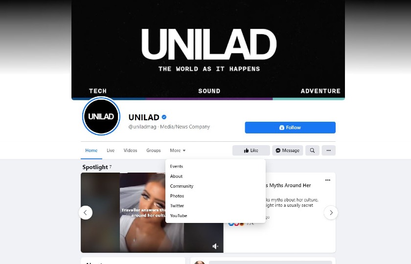 显示the UNILAD Facebook page.
