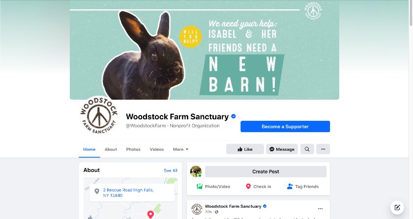 显示the Woodstock Farm Sanctuary Facebook page.