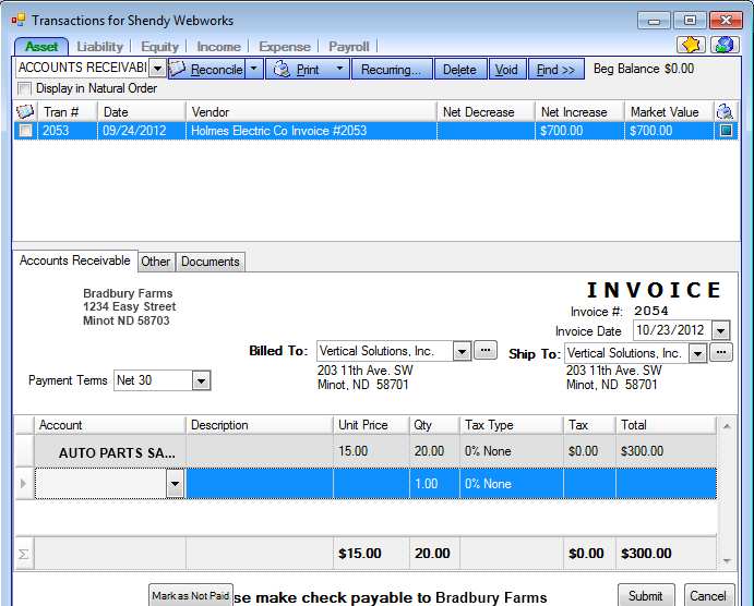 A sample Invoicing form from EasyFarm.