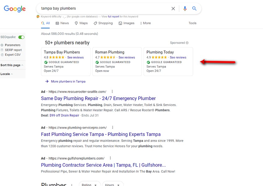 Example of local search ads for the keyword 
