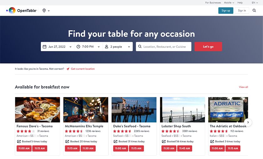 OpenTable在线目录的餐馆，酒吧和其他餐馆。