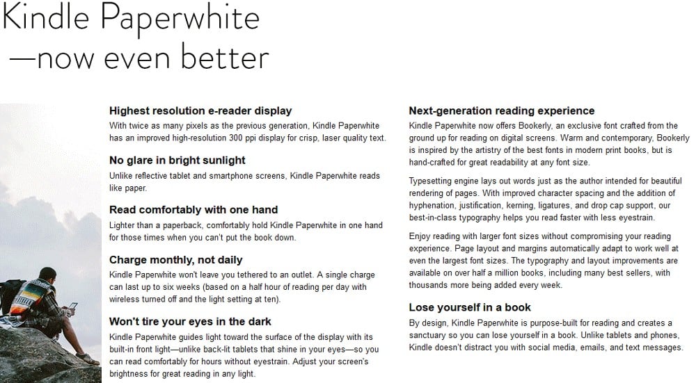 Screenshot of Facts on Product Kindle Paperwhite Now Even Better