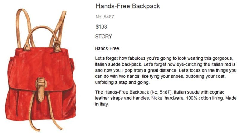 Showing a hands free backpack product description.