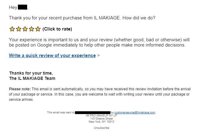 email sample sent to customer to get review