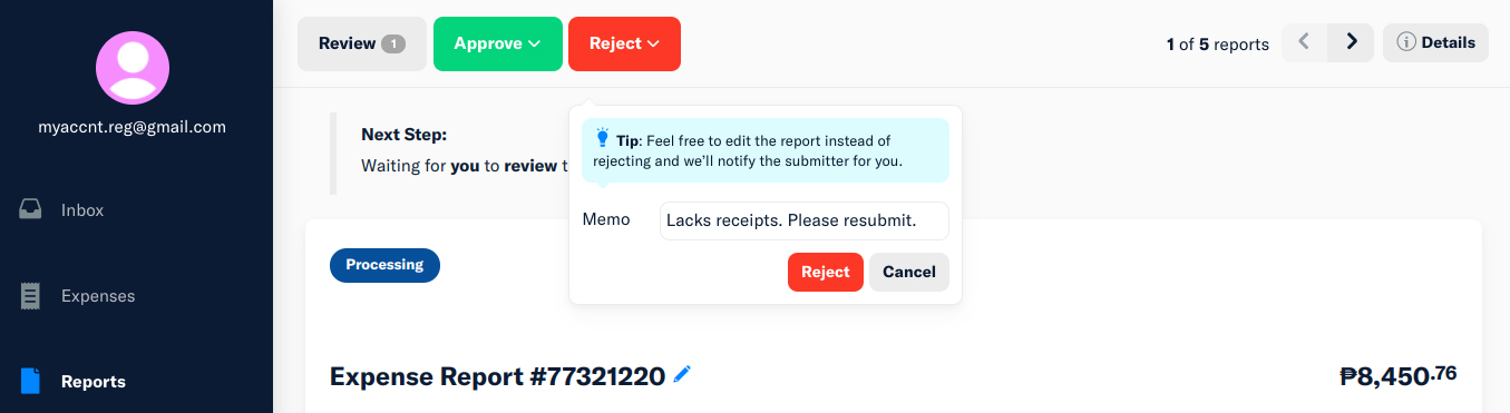 Screenshot of Expensify rejecting report.