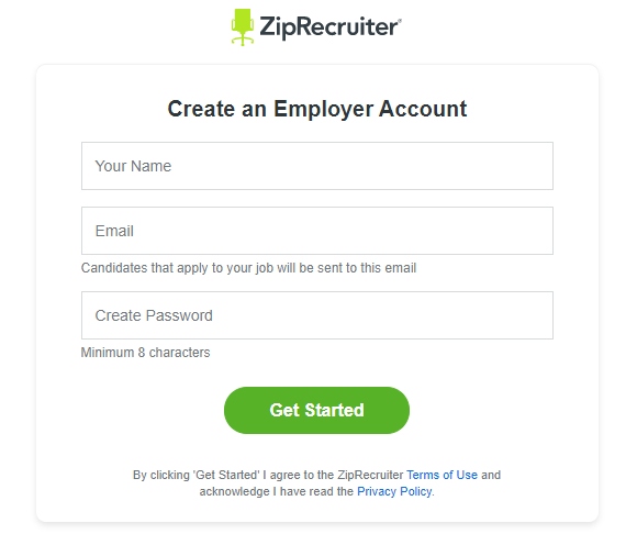 Showing ZipRecruiter’s “Create an Employee Account” page.