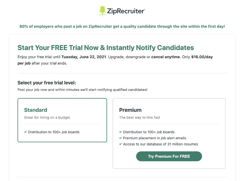 Showing ZipRecruiter's free trial or purchase a paid plan