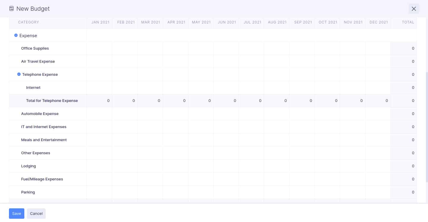 Budget Screen of Zoho Expense where you can add new budget on calendar.
