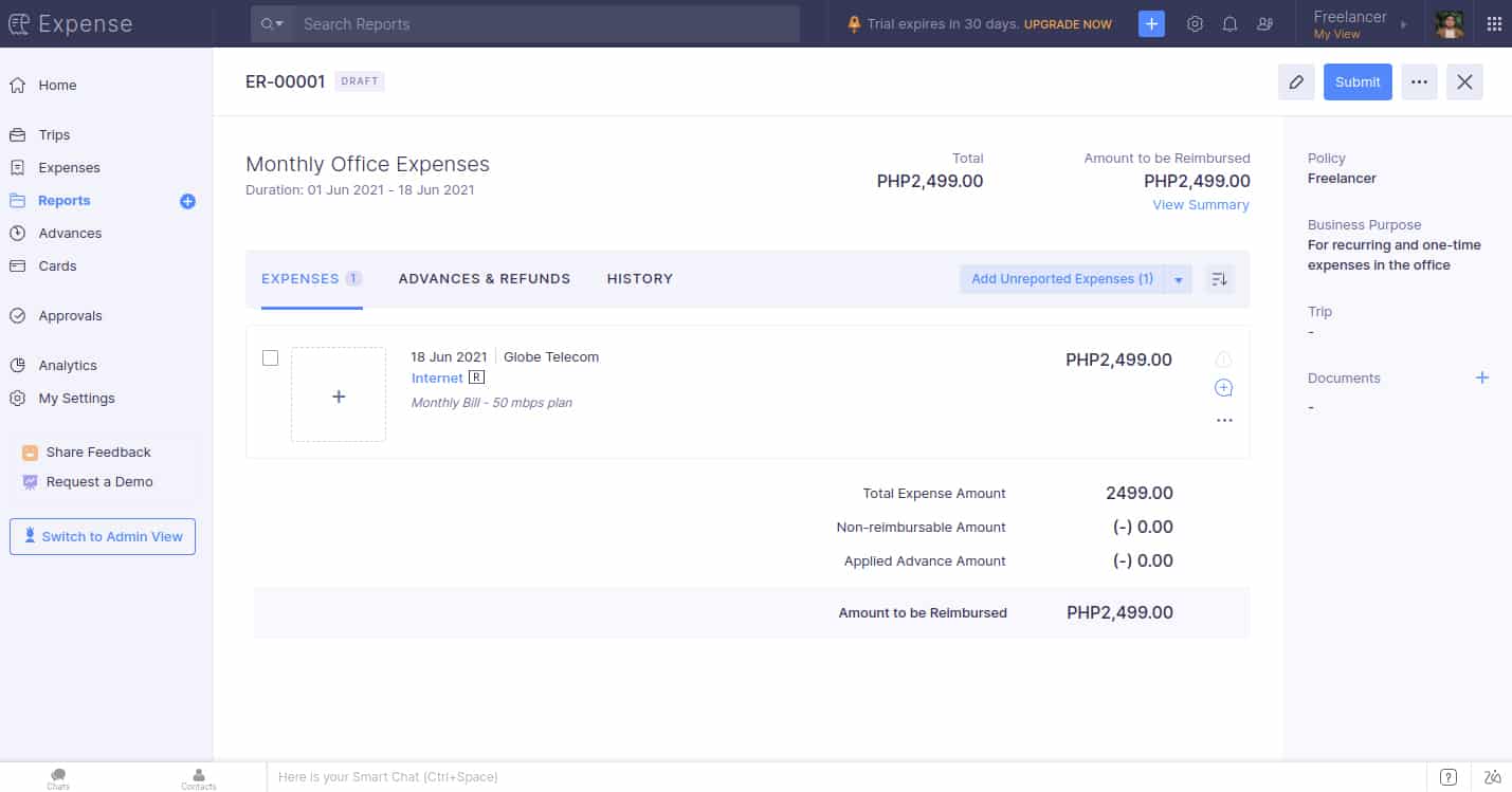 Screenshot of Zoho Expenses Report Summary