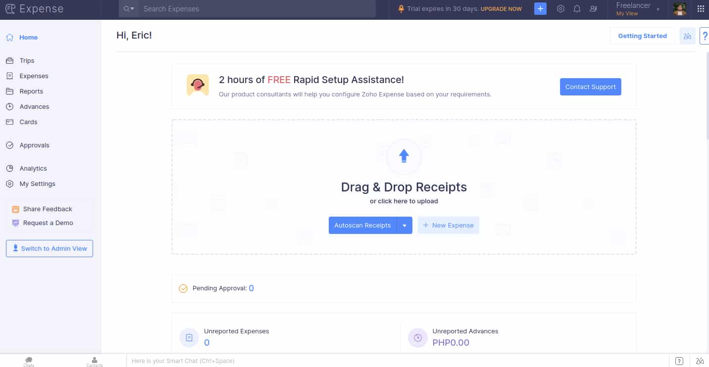 Zoho Expense's admin home screen with a Drag & Drop Receipts feature.