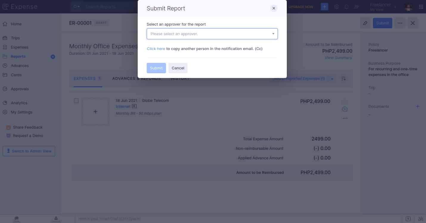 Screenshot of Zoho Expenses submit report