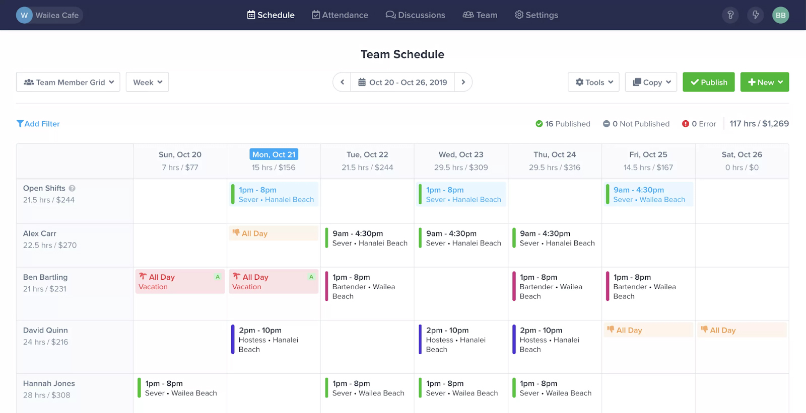Sample image of ZoomShift list of schedules in calendar dashboard.