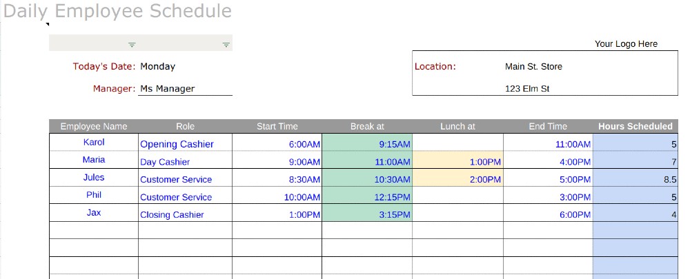 Daily schedule template.