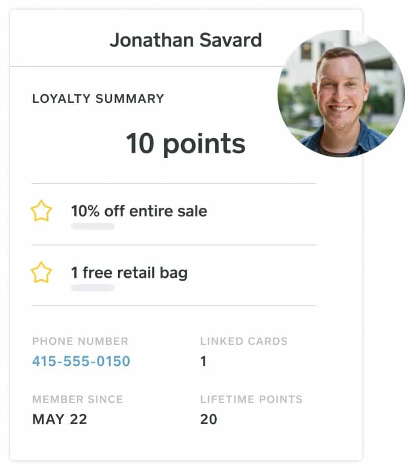 Screenshot of Quick Glance of Customer Points and Reward History on Square