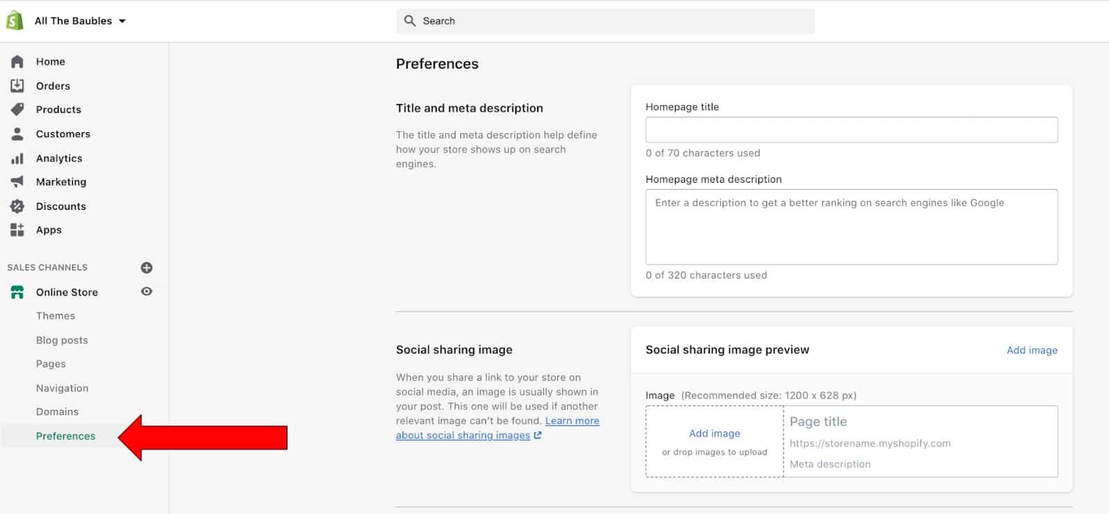 Setting up seo settings on Shopify.