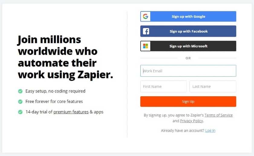 Screenshot of Signing Up for a Zapier Account