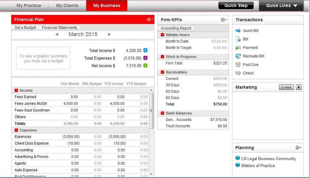 Sample image of PCLaw Dashboard.