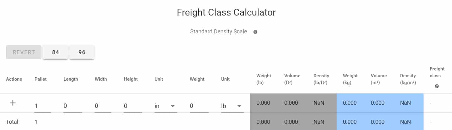 Redhawk Logistics Freight Class Calculator sample.