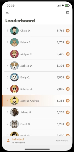 Wellable dashboard Leaderboard Mobile Interface