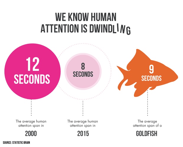 Several graphical examples showing the human and goldfish average attention span