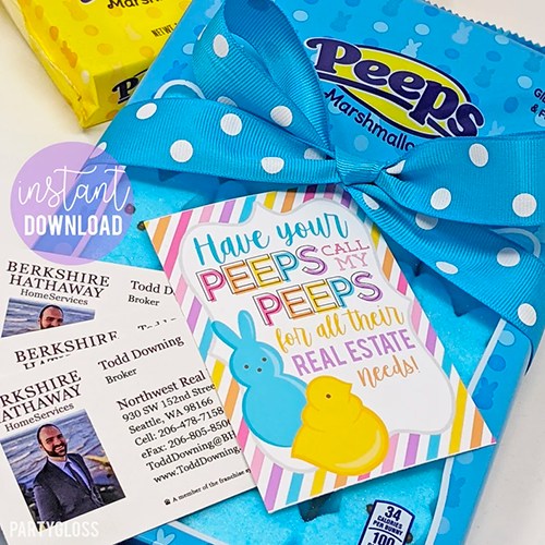 Box of peeps with business card and a card that says 