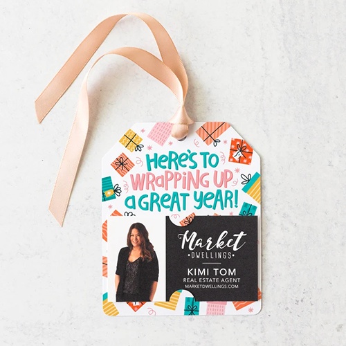Gift tag with business card that says, 