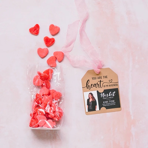 Heart candy with gift tag that says, 