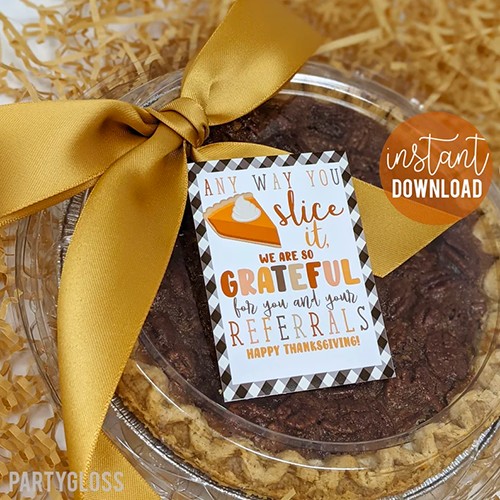 Packaged pie with bow and tag that says 